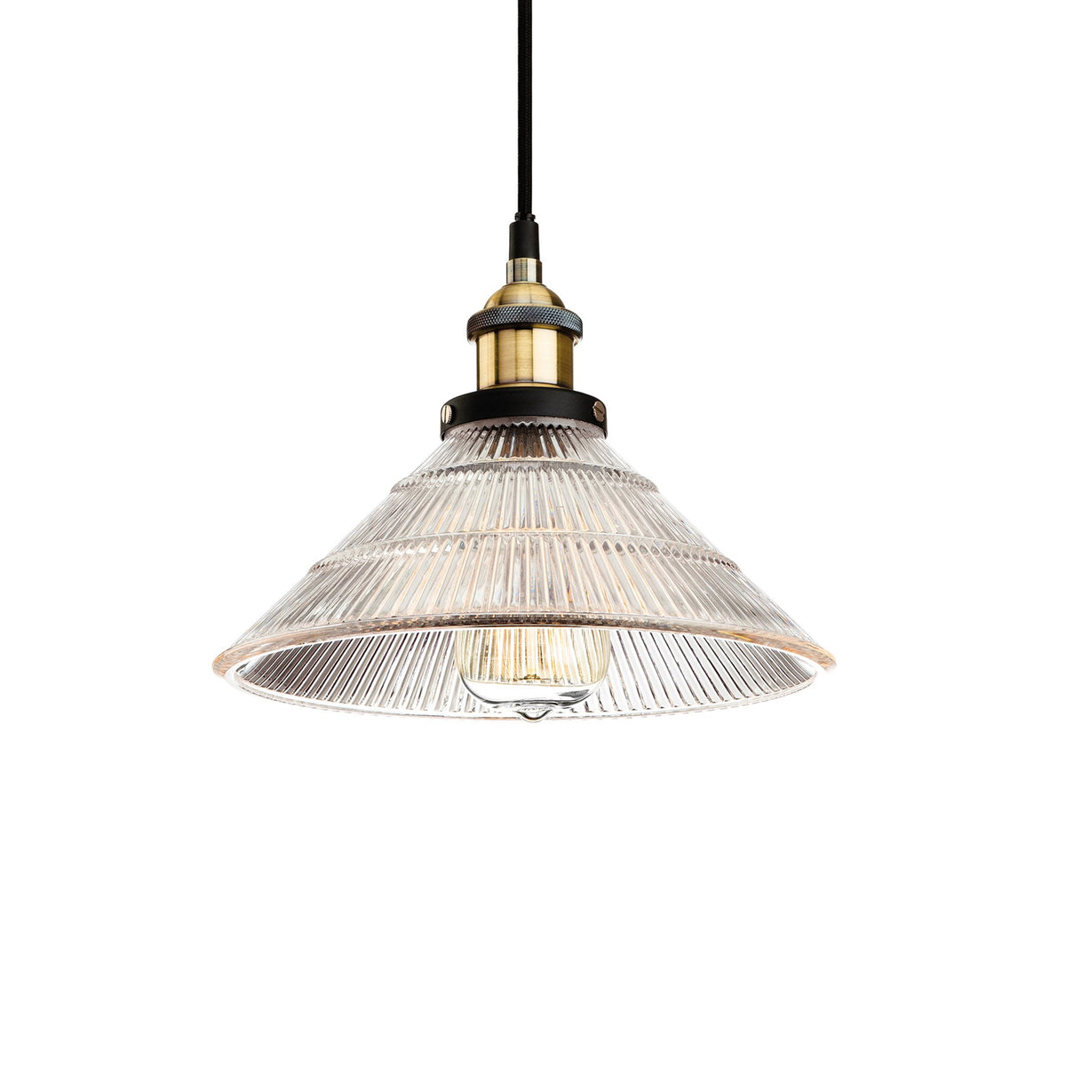 Antique Brass with Clear Fluted Glass pendant light. Perfect kitchen island light