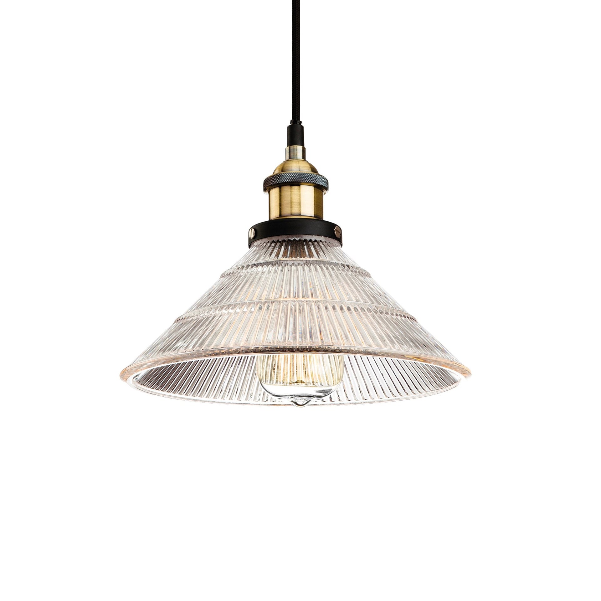 Antique Brass with Clear Fluted Glass pendant light. Perfect kitchen island light