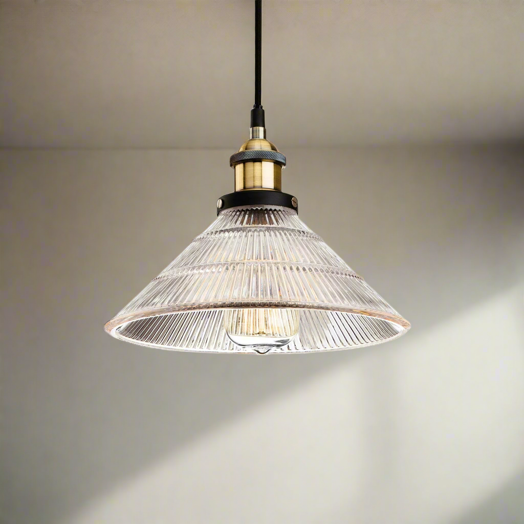 Antique Brass with Clear Fluted Glass pendant light. Perfect kitchen island light
