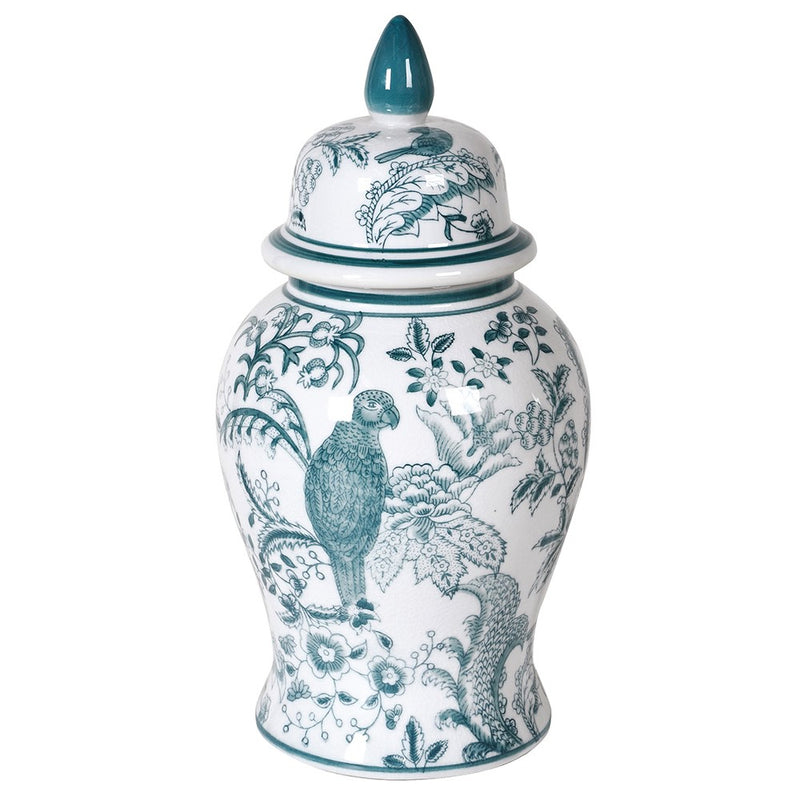 This decorative ginger jar brings refined charm to any interior. Featuring an intricate illustrated design of birds and florals in a soft teal glaze