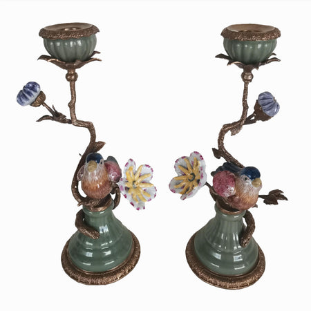 Pair of Bronze and Porcelain Parrots