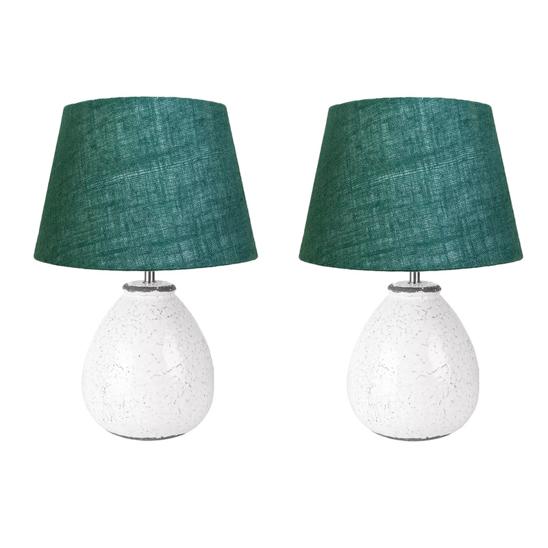 Small Round White Ceramic Table Lamp with Green Linen Shade 29 cm