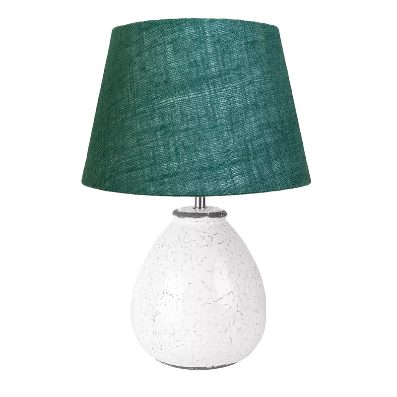 Small Round White Ceramic Table Lamp with Green Linen Shade 29 cm