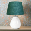 Small Round White Ceramic Table Lamp with Green Linen Shade 29 cm