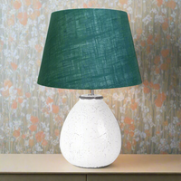 Small Round White Ceramic Table Lamp with Green Linen Shade 29 cm