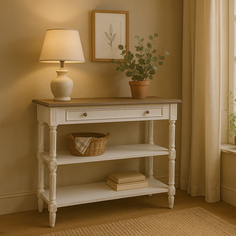 Painted Vintage Console Table with Dual Shelves