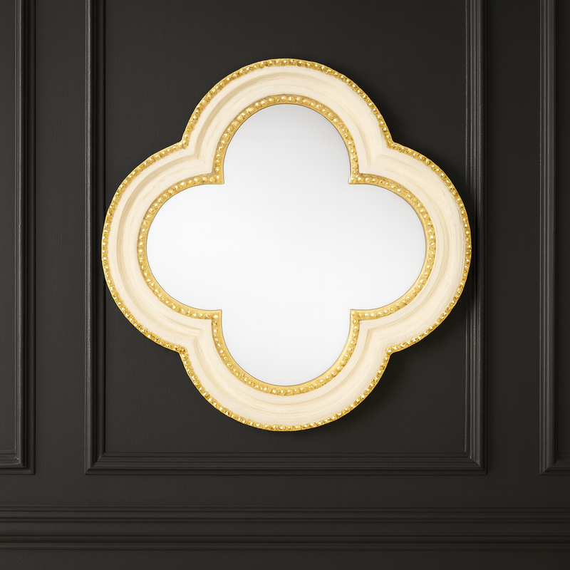 Cream Quatrefoil Mirror With Gold Beading