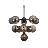 The scale of this 11 ball light makes a huge statement in any room, the matt metalwork and the smoked glass on the globe lights add sophistication and glamour.