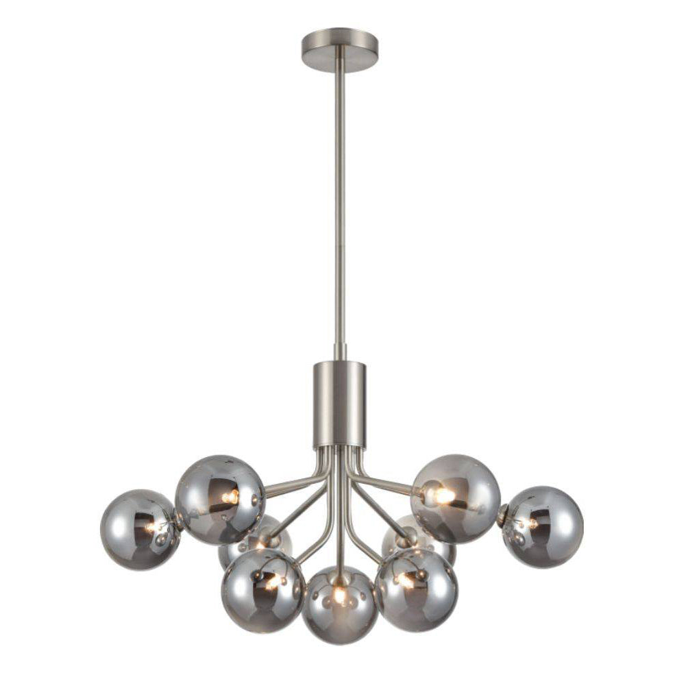 A stunning statement light that diffuses ample light around your home.&nbsp; Nine smoked glass shades are suspended from beautiful satin nickel metal arms that are seamlessly attached to an adjustable or extendable brass rod. 