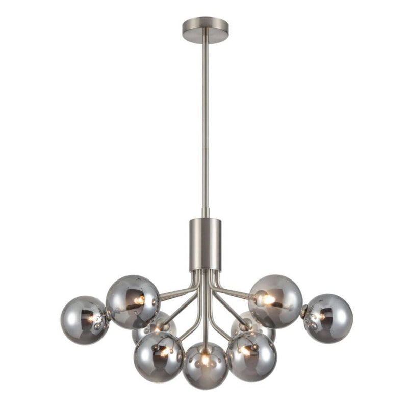 A stunning statement light that diffuses ample light around your home.&nbsp; Nine smoked glass shades are suspended from beautiful satin nickel metal arms that are seamlessly attached to an adjustable or extendable brass rod. 