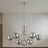 A stunning statement light that diffuses ample light around your home.&nbsp; Nine smoked glass shades are suspended from beautiful satin nickel metal arms that are seamlessly attached to an adjustable or extendable brass rod. 