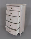 Wooden Five Drawer Tallboy - Soft Off White Finish with antique brass knobs, ideal for bedroom or living room storage in Skandi style.
