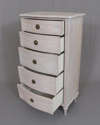 Wooden Five Drawer Tallboy - Soft Off White Finish with antique brass knobs, ideal for bedroom or living room storage in Skandi style.