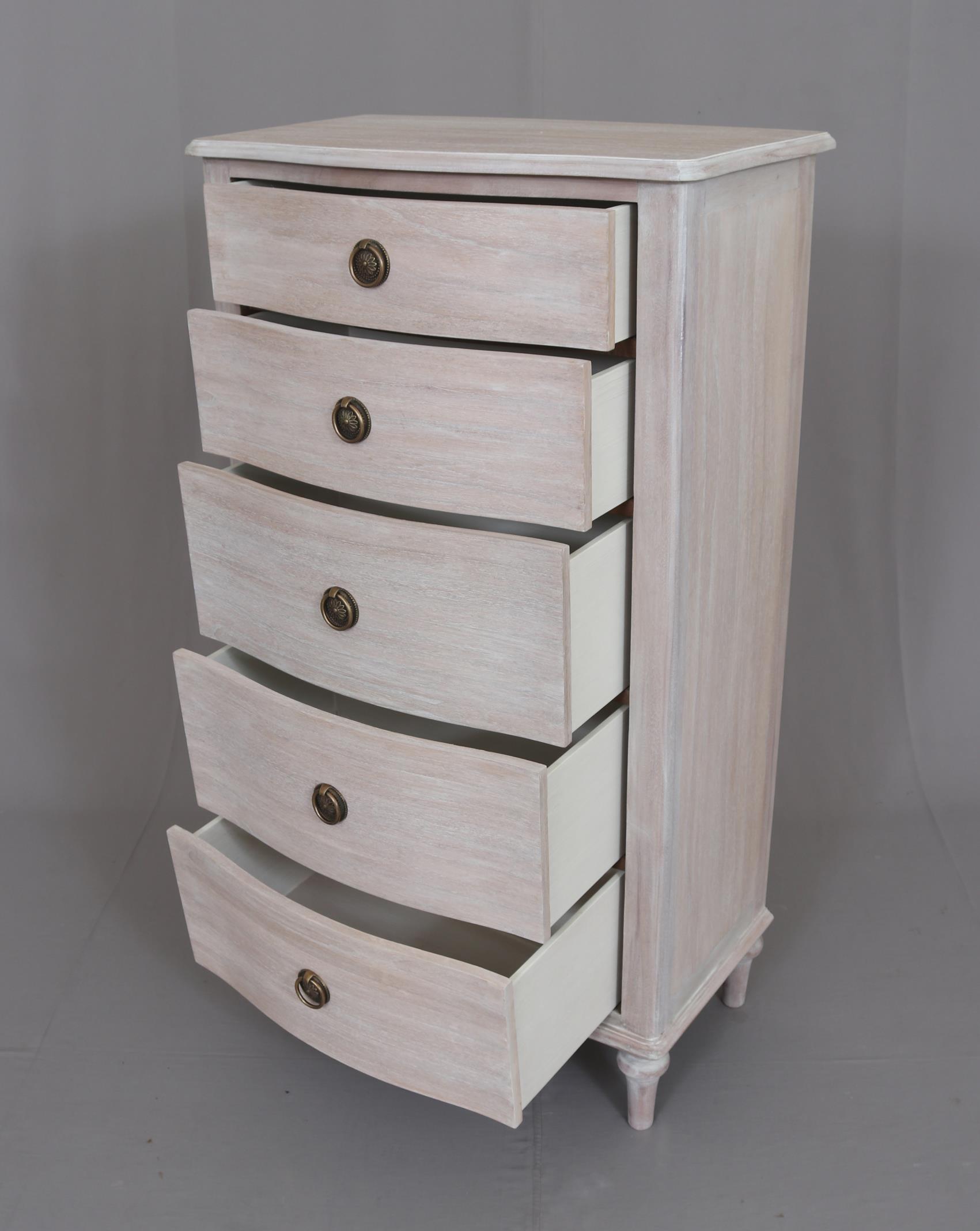 Wooden Five Drawer Tallboy - Soft Off White Finish with antique brass knobs, ideal for bedroom or living room storage in Skandi style.