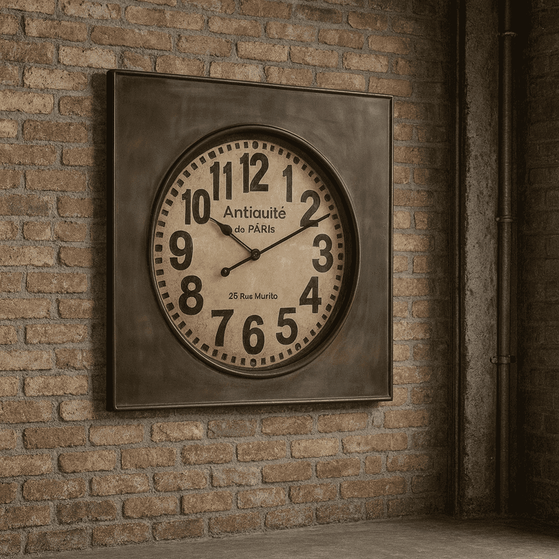 Vintage wall clock with square metal frame and antique design for home decor