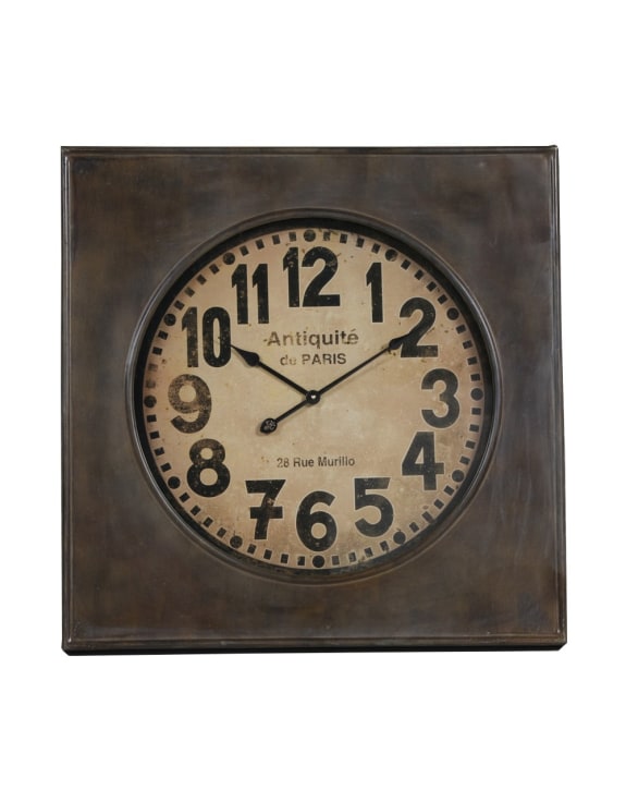 A great square metal encased 'art deco' styled clock, inscribed with 'Antiquities du Paris' a retro clock with an distressed, aged face to give a vintage air.&nbsp; This is clock resonates with a 1930's station appeal and would work really well on a kitchen wall, in a dining room, hall and even a special place in the living room.&nbsp; Also a wonderful clock in a cafe, restaurant or commercial space.