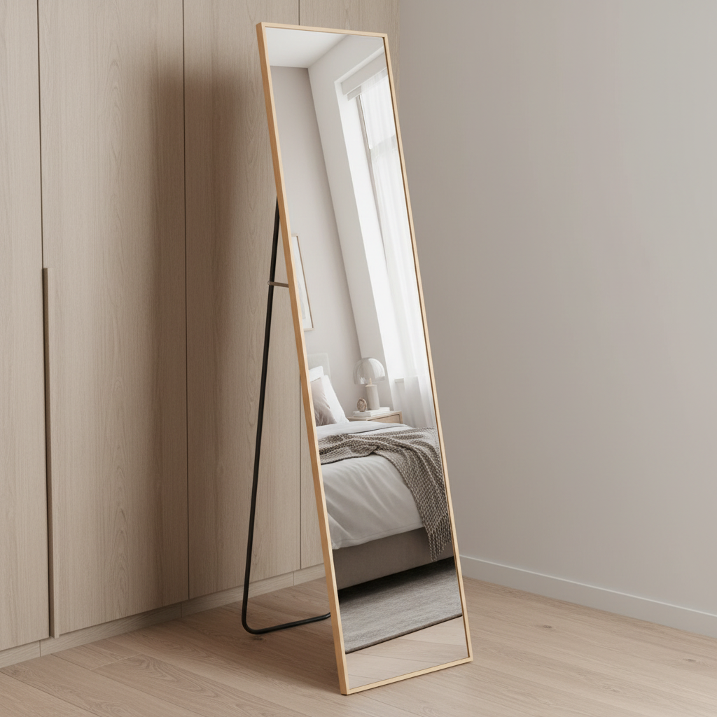 Tall slim framed gold cheval mirror, light easy to move on the stand which can be folded and the mirror placed against the wall. 