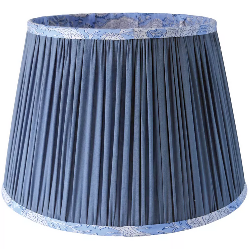 Tapered cotton lamp shade in steel blue with pleated design and floral trim, ideal for vintage or modern decor. Available in 40cm, 35cm & 20cm sizes.