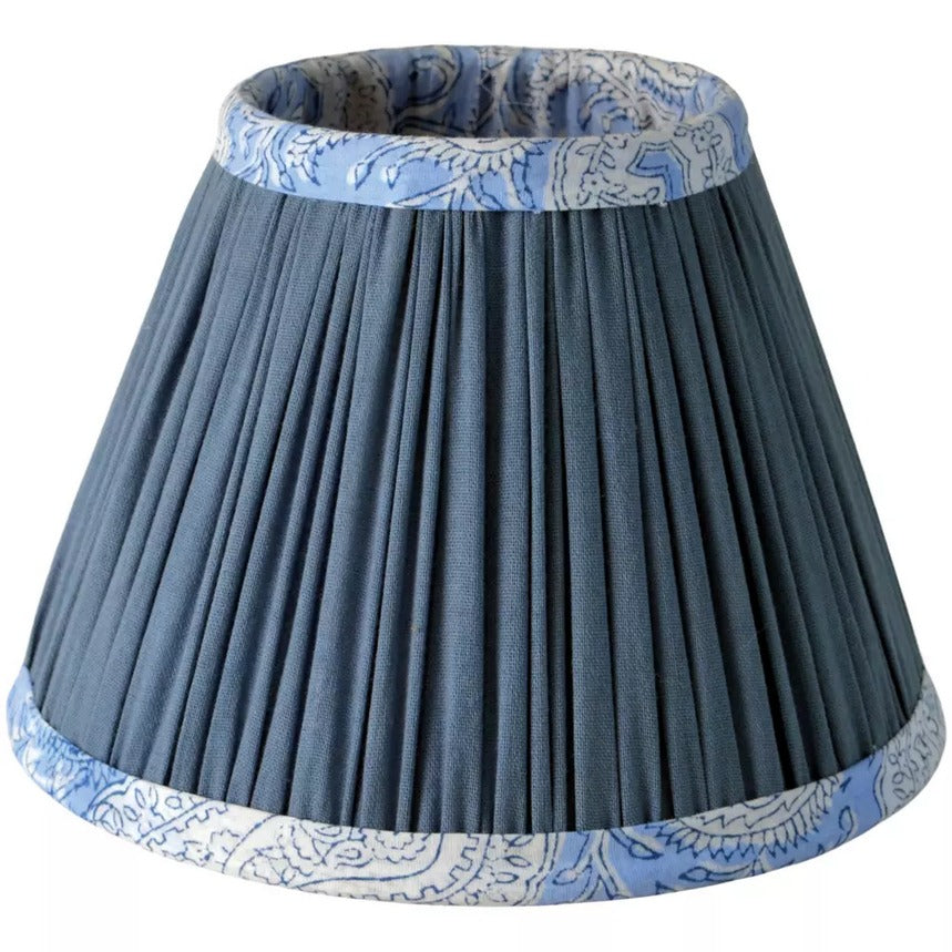 Steel blue tapered cotton lamp shade with pleated design and paisley trim, ideal for vintage or modern table lamps in home lighting decor.