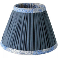 Steel blue tapered cotton lamp shade with pleated design and paisley trim, ideal for vintage or modern table lamps in home lighting decor.