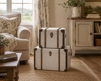 a pair of cream storage trunks in a living room