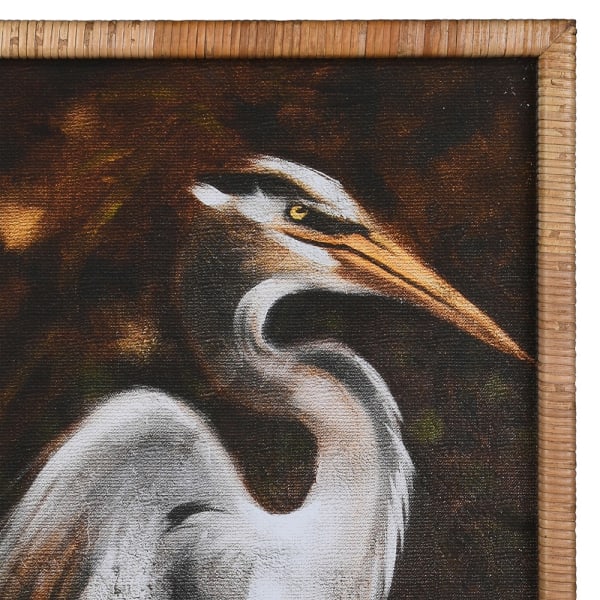 A pair of large, dramatic, stork prints, set in a narrow, pale rattan frame these prints are oversize and although they are sold as a pair , they can be hung separately.&nbsp; The colours are dark and autumnal allowing the light plumage of the birds to come to the fore.&nbsp; The wooden frame adds a rustic feel to the prints, they would look great in a hall, living room on the stairs or anywhere you need a splash of colour and interest, these large prints will work their magic.&nbsp;&nbsp;