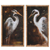 A pair of large, dramatic, stork prints, set in a narrow, pale rattan frame these prints are oversize and although they are sold as a pair , they can be hung separately.&nbsp; The colours are dark and autumnal allowing the light plumage of the birds to come to the fore.&nbsp; The wooden frame adds a rustic feel to the prints, they would look great in a hall, living room on the stairs or anywhere you need a splash of colour and interest, these large prints will work their magic.&nbsp;&nbsp;