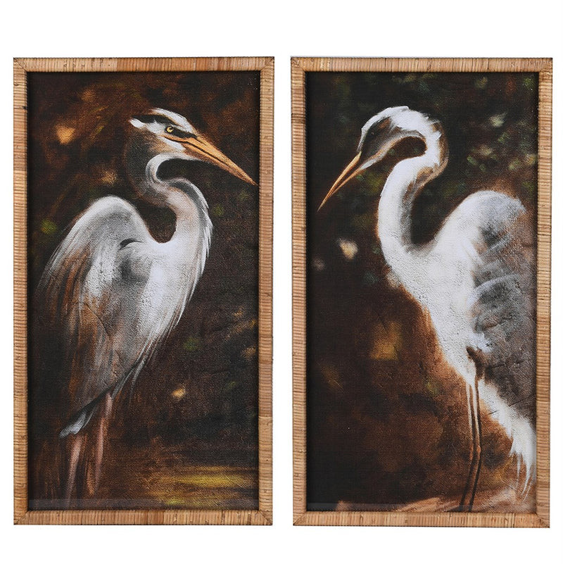 A pair of large, dramatic, stork prints, set in a narrow, pale rattan frame these prints are oversize and although they are sold as a pair , they can be hung separately.&nbsp; The colours are dark and autumnal allowing the light plumage of the birds to come to the fore.&nbsp; The wooden frame adds a rustic feel to the prints, they would look great in a hall, living room on the stairs or anywhere you need a splash of colour and interest, these large prints will work their magic.&nbsp;&nbsp;