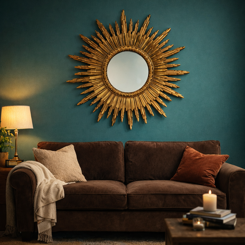 Gold sunburst wall mirror with round reflective center