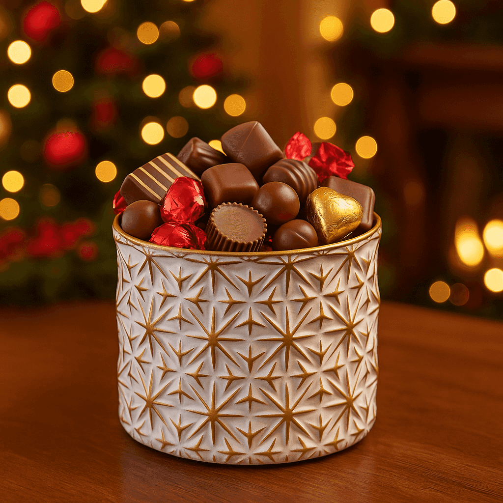 Festive metal container filled with chocolates and red foil candies, holiday decor