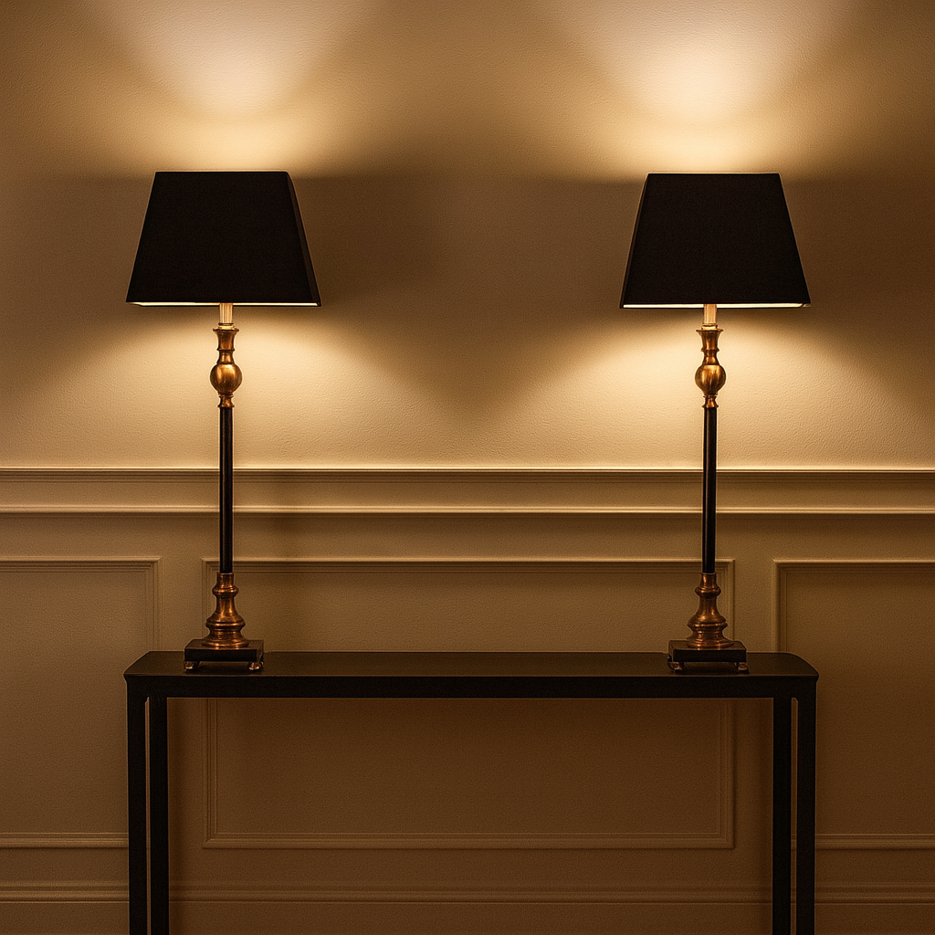 Bring timeless sophistication into your home with this tall black and gilt lamp, designed to make a statement in any room. Featuring a sleek black base accented with warm antique gold detailing, this lamp perfectly balances modern elegance with traditional charm. The structured black shade softens the glow, creating ambient lighting ideal for living rooms, bedrooms, or entryways.

Crafted for both style and function, this decorative table lamp adds height, drama, and a touch of luxury to side tables, consol