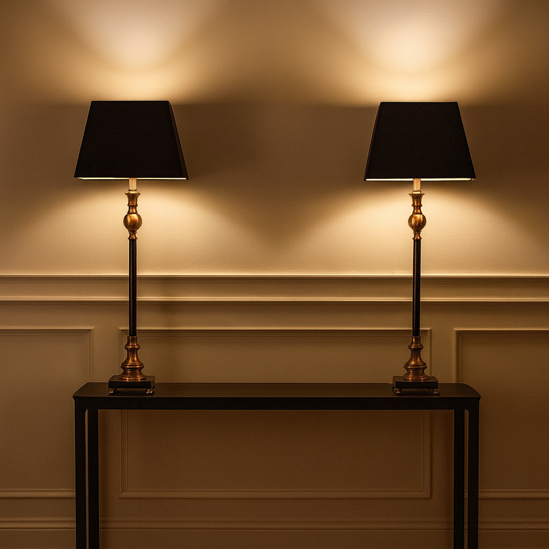 Bring timeless sophistication into your home with this tall black and gilt lamp, designed to make a statement in any room. Featuring a sleek black base accented with warm antique gold detailing, this lamp perfectly balances modern elegance with traditional charm. The structured black shade softens the glow, creating ambient lighting ideal for living rooms, bedrooms, or entryways.

Crafted for both style and function, this decorative table lamp adds height, drama, and a touch of luxury to side tables, consol