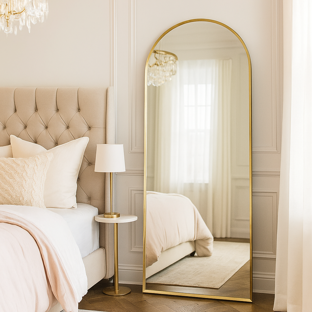 Arched gold-framed mirror in a bedroom with a bed and lamp. H: 155 cm   W:  75 cm
