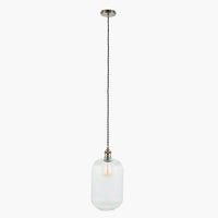 Tall, clear, ribbed glass pendant with brass fittings. A tall glass pendant for the hall, stairwell or in a pair over a kitchen island