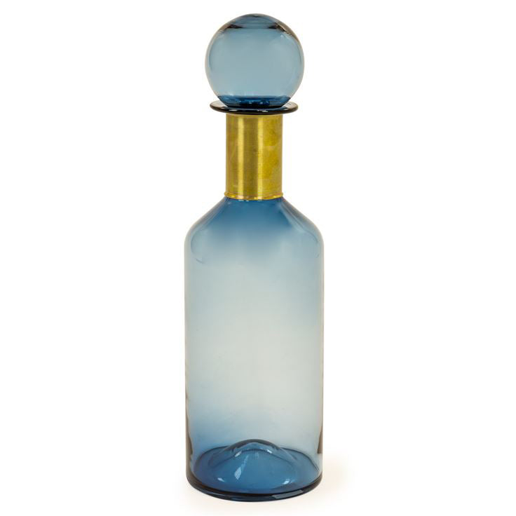 Extra tall blue glass apothecary bottle with gilt band, an easy way to bring colour, light and glamour to any table in any room