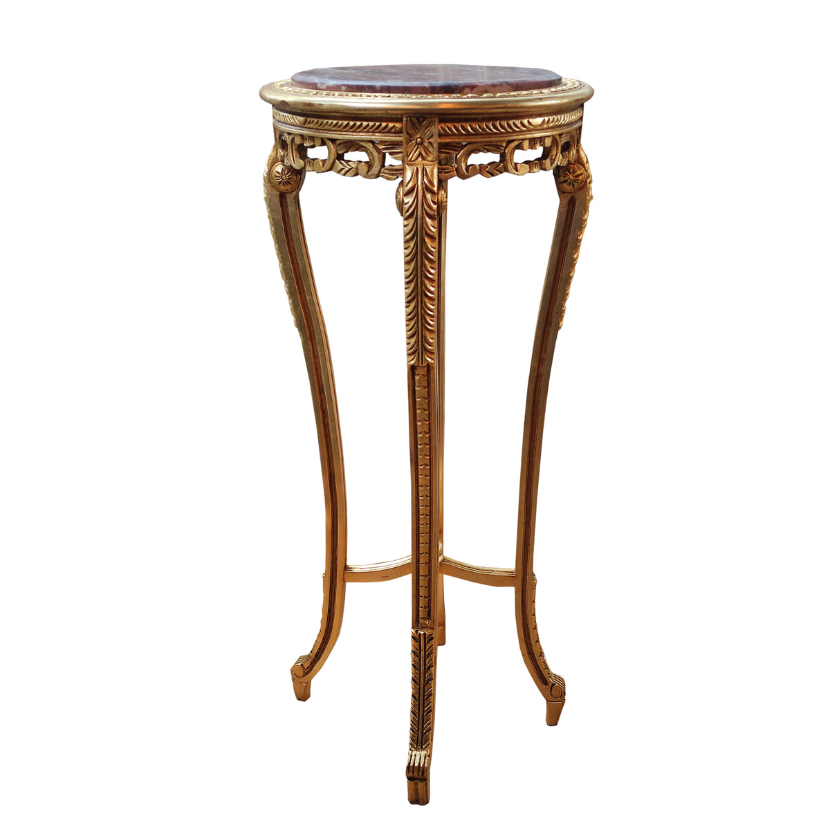 Ornate curved gilt wood based stand with marble top in a Louis style.&nbsp; The base is richly carved and covered in gold, the veined red marble is inset into the top of the stand.&nbsp; The stand has four slender cabriole legs, fluted and carved with acanthus leaves and classical motifs. The legs are then connected with a gilt stretcher to add stability. These stands are used to display a highly decorative work of art or can be used as plant stands. They will lift any room in which they are placed and work