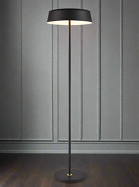 Black metal floor lamp with stylish, minimalist shade.&nbsp; The black stand having aged brass accents.&nbsp; The shade benefits from a white interior to brighten the light and there is an in-line dimmer switch on the cable. An understated contemporary lamp that would work beautifully in contemporary or industrial style setting.&nbsp; 