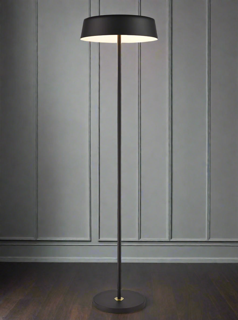 Black metal floor lamp with stylish, minimalist shade.&nbsp; The black stand having aged brass accents.&nbsp; The shade benefits from a white interior to brighten the light and there is an in-line dimmer switch on the cable. An understated contemporary lamp that would work beautifully in contemporary or industrial style setting.&nbsp; 