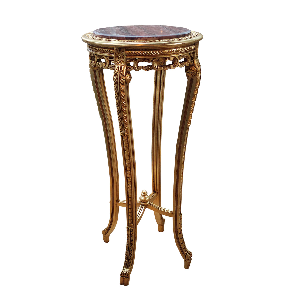 Ornate curved gilt wood based stand with marble top in a Louis style.&nbsp; The base is richly carved and covered in gold, the veined red marble is inset into the top of the stand.&nbsp; The stand has four slender cabriole legs, fluted and carved with acanthus leaves and classical motifs. The legs are then connected with a gilt stretcher to add stability. These stands are used to display a highly decorative work of art or can be used as plant stands. They will lift any room in which they are placed and work