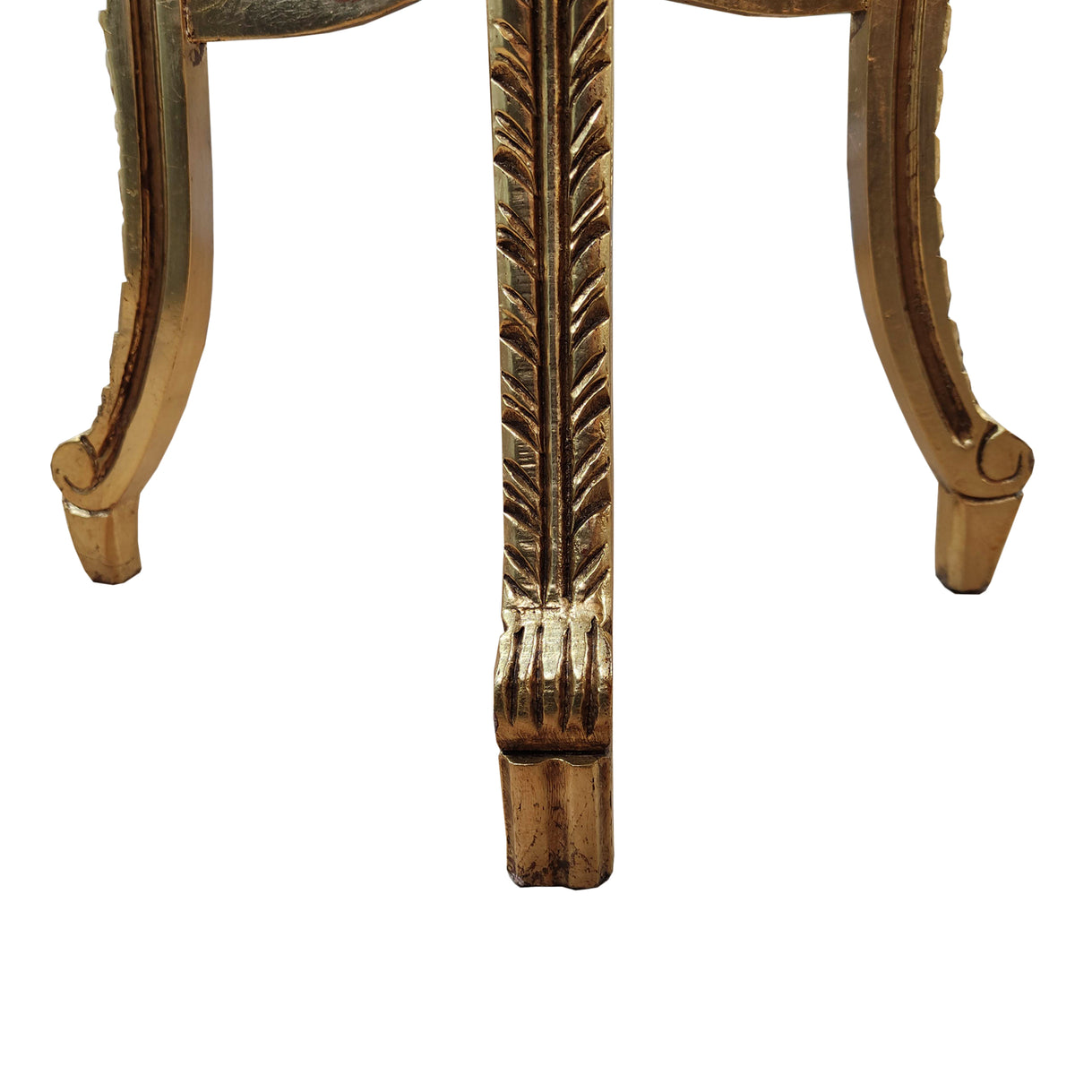 Ornate curved gilt wood based stand with marble top in a Louis style.&nbsp; The base is richly carved and covered in gold, the veined red marble is inset into the top of the stand.&nbsp; The stand has four slender cabriole legs, fluted and carved with acanthus leaves and classical motifs. The legs are then connected with a gilt stretcher to add stability. These stands are used to display a highly decorative work of art or can be used as plant stands. They will lift any room in which they are placed and work