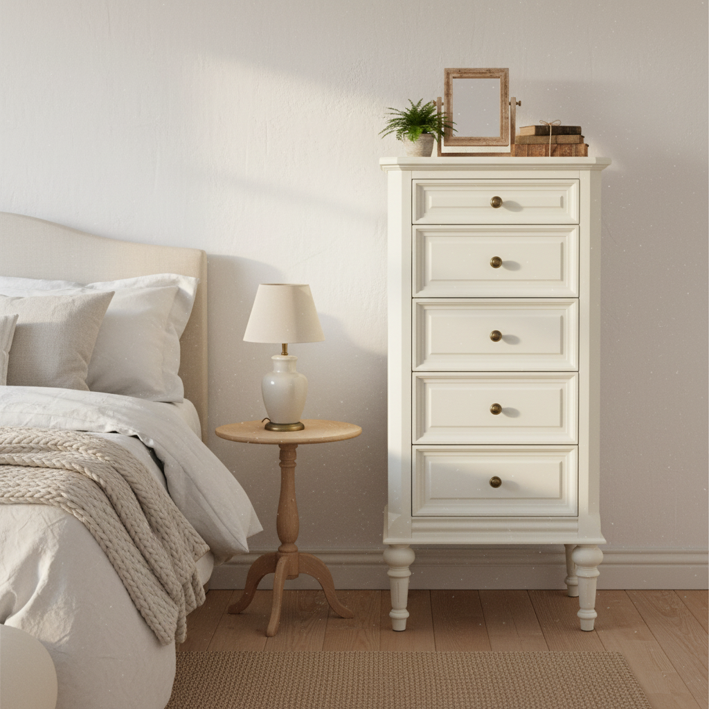 Five drawer painted wooden tallboy, a great storage solution in your bedroom. The tallboy at 40 cm deep has a small footprint making it a great space-saver.