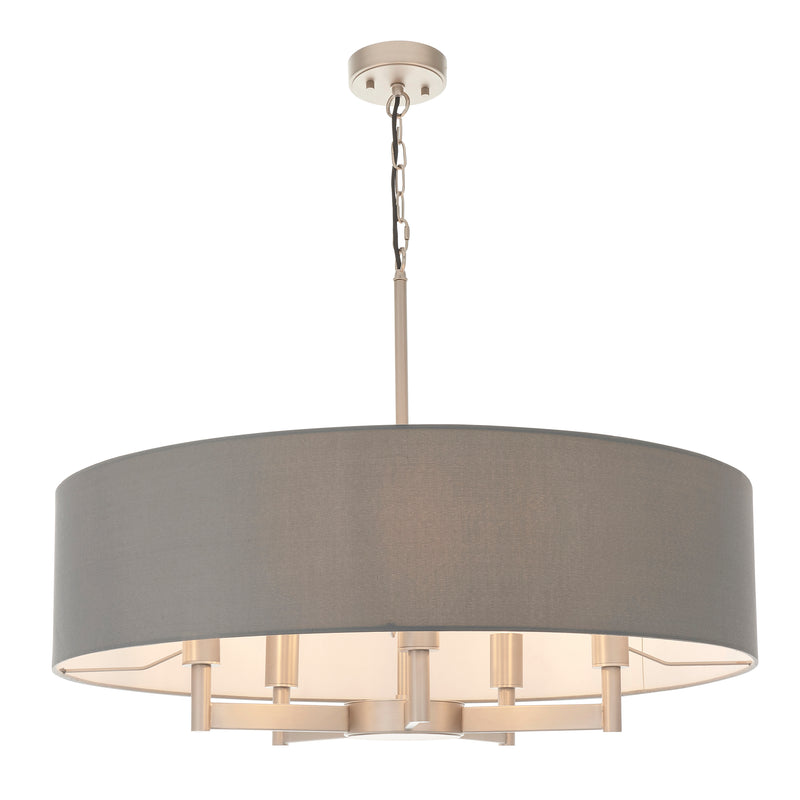 Grey ceiling light with large taupe fabric shade and 5 nickel arms, ideal for modern interiors in home lighting chandeliers category.