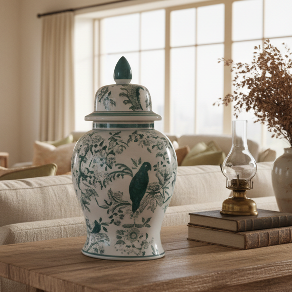 This decorative ginger jar brings refined charm to any interior. Featuring an intricate illustrated design of birds and florals in a soft teal glaze