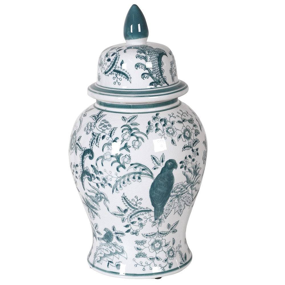 This decorative ginger jar brings refined charm to any interior. Featuring an intricate illustrated design of birds and florals in a soft teal glaze