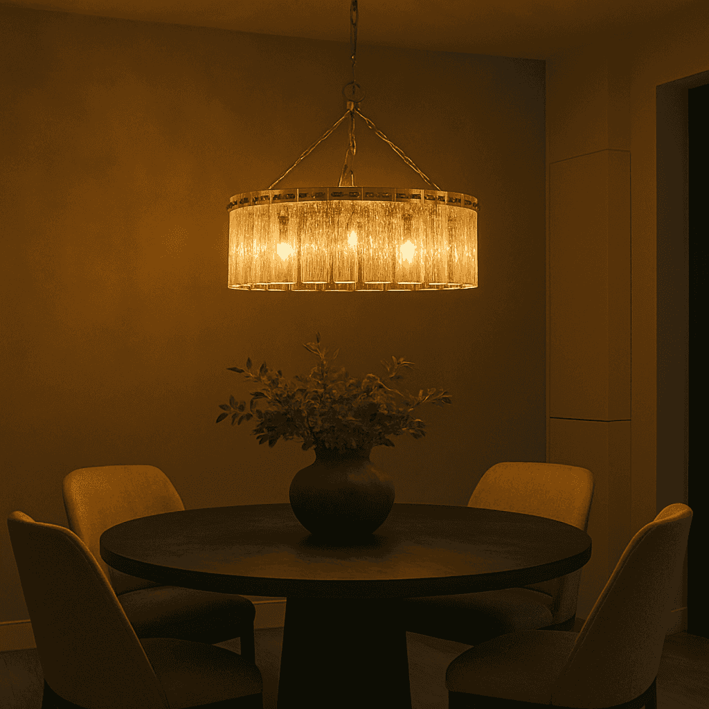 Five‑light chandelier with textured glass panels, gilt metal fittings and adjustable chain, casting a warm glow over a dining table.