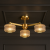 Ribbed Glass 3-Light Semi Flush Mount Ceiling Light – Modern Gold Pendant Fixture for Living Room, Bedroom, Hallway