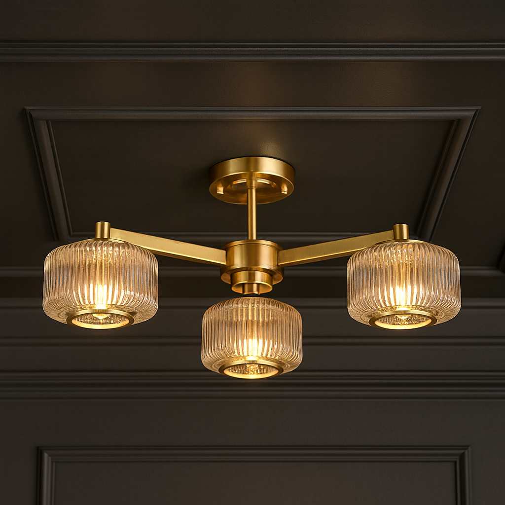 Ribbed Glass 3-Light Semi Flush Mount Ceiling Light – Modern Gold Pendant Fixture for Living Room, Bedroom, Hallway