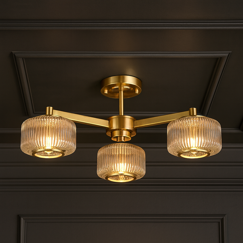Ribbed Glass 3-Light Semi Flush Mount Ceiling Light – Modern Gold Pendant Fixture for Living Room, Bedroom, Hallway
