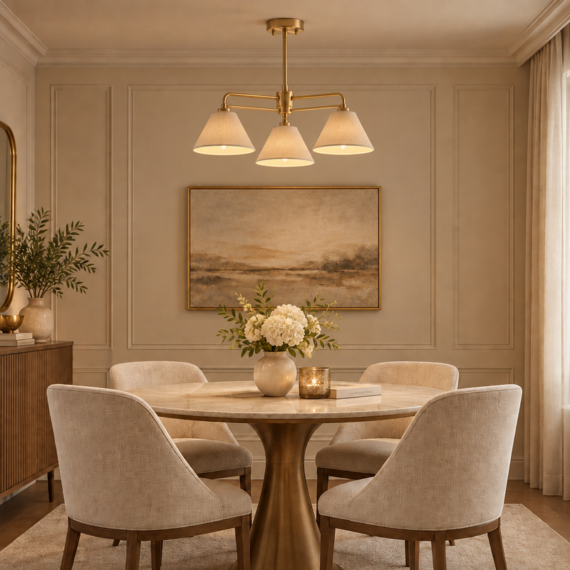 Three light linen shaded pendant over a dining table