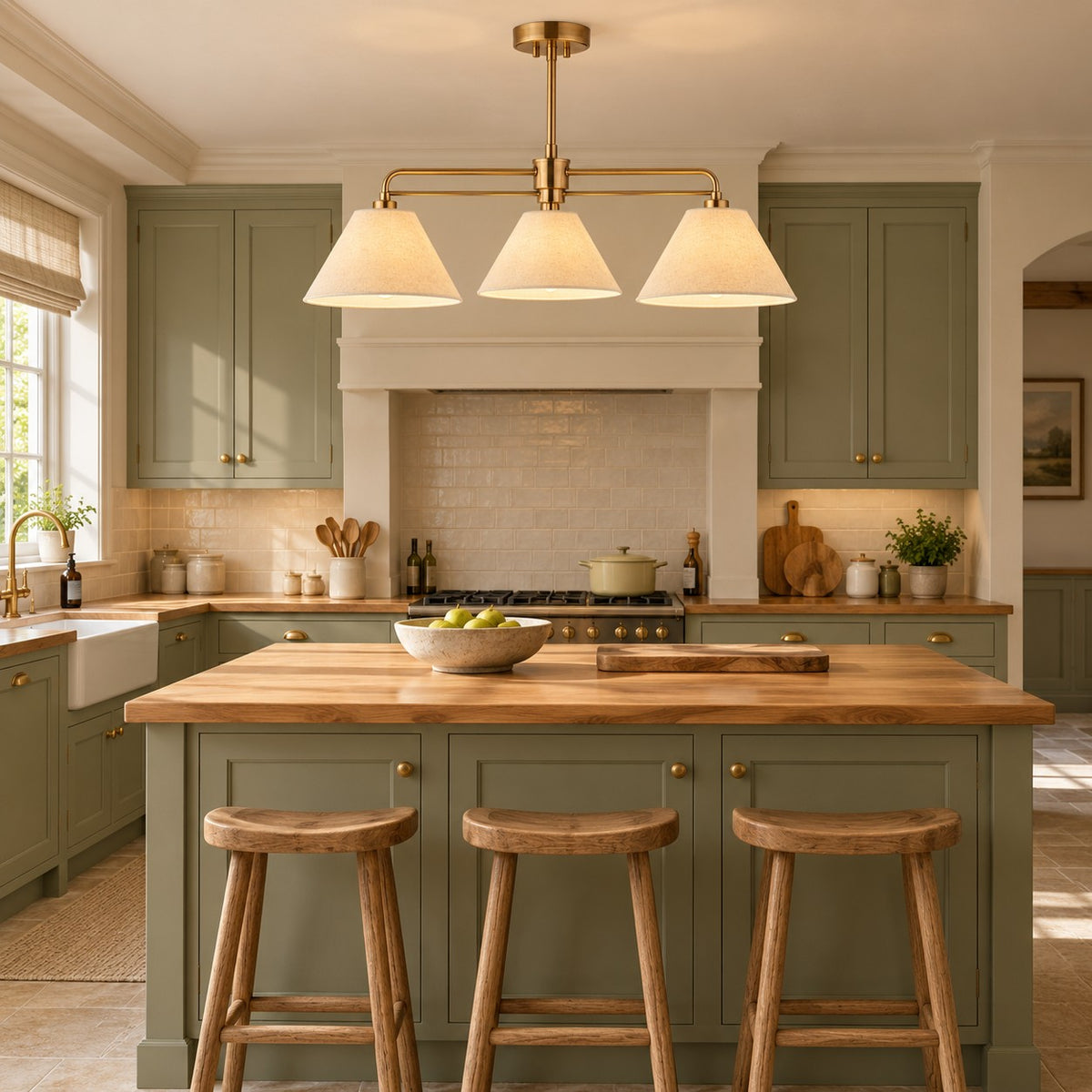Three light linen shaded pendant over a kitchen island.